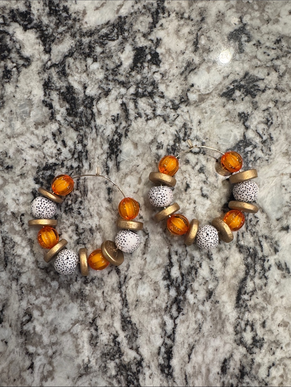 Gold, White & Orange Beaded Hoop Earrings